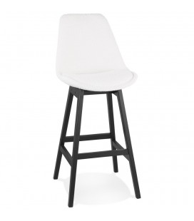Tabouret de bar SANDRA en tissu bouloché blanc et pied en bois noir