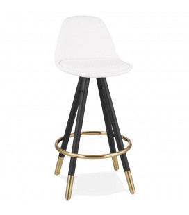 Tabouret snack mi-hauteur CLARISSE MINI en tissu bouloché blanc et 4 pieds en bois noir