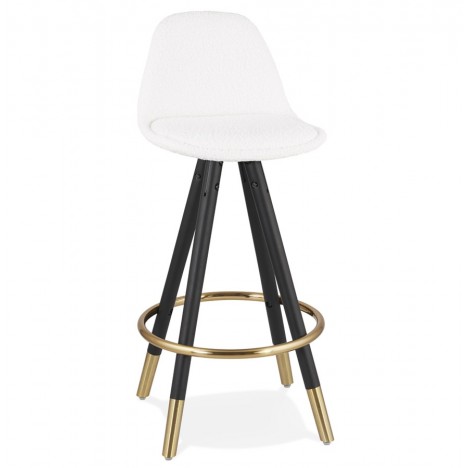 Tabouret snack mi-hauteur CLARISSE MINI en tissu bouloché blanc et 4 pieds en bois noir - 