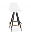 Tabouret snack mi-hauteur CLARISSE MINI en tissu bouloché blanc et 4 pieds en bois noir - 