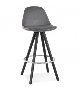 Tabouret snack mi-hauteur SPIRIT MINI en velours gris et pieds en bois noir