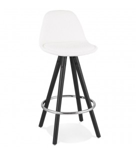 Tabouret snack mi-hauteur FLORENCE MINI en tissu bouloché blanc et 4 pieds en bois noir