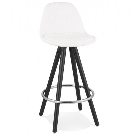 Tabouret snack mi-hauteur FLORENCE MINI en tissu bouloché blanc et 4 pieds en bois noir - 