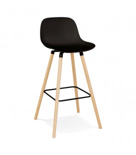 Tabouret snack mi-hauteur TATSU MINI noir avec pieds en bois naturel