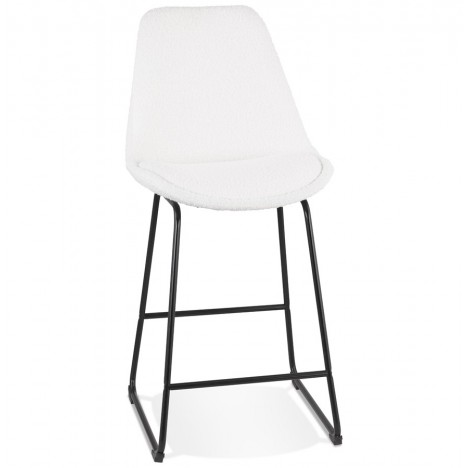 Tabouret snack mi-hauteur ALICE MINI en tissu bouloché blanc et pied traineau en métal noir - 