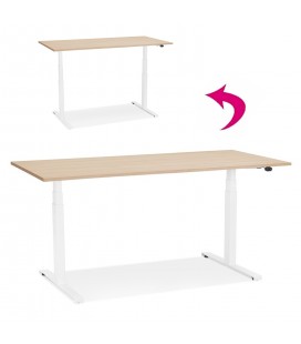 Bureau assis debout électrique TRONIK blanc avec plateau en bois finition naturelle 140x70 cm