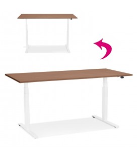 Bureau assis debout électrique TRONIK blanc avec plateau en bois finition Noyer 140x70 cm