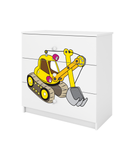 Commode 3 tiroirs chambre enfant blanc et jaune tractopelle chantier 