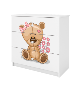 Commode petite fille 3 tiroirs 80cm ours en peluche avec fleurs roses