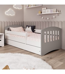 Lit complet enfant gris et blanc avec matelas et tiroir 80x140cm Classic