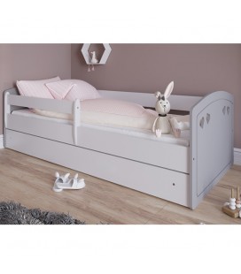 Lit complet enfant Julia motifs coeurs Mix gris avec matelas et tiroir 80x140cm