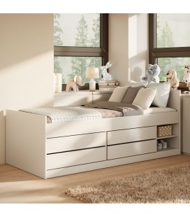 Lit junior gain de place 4 tiroirs et 2 niches avec matelas 90x200cm Leon