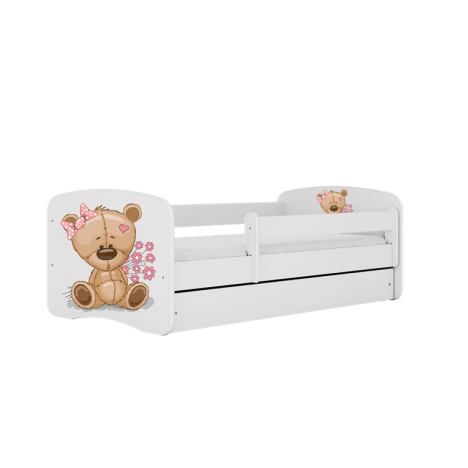 Lit enfant ours en peluche blanc fleurs avec tiroir 70x140cm - 