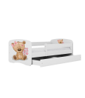 Lit enfant ours en peluche blanc fleurs avec tiroir avec matelas 80x180cm - 