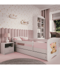 Lit enfant ours en peluche blanc fleurs avec tiroir avec matelas 80x180cm - 