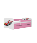 Lit enfant voiture de course rose avec tiroir et matelas 70x140cm - 