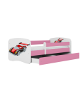 Lit enfant voiture de course rose avec tiroir et matelas 70x140cm - 