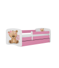 Lit enfant ours en peluche rose fleurs avec tiroir avec matelas 80x180cm - 