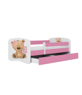 Lit enfant ours en peluche rose fleurs avec tiroir avec matelas 80x180cm - 