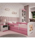 Lit enfant ours en peluche rose fleurs avec tiroir avec matelas 80x180cm - 