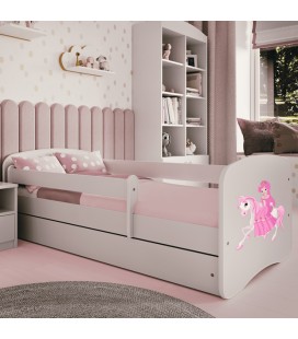 Lit enfant princesse blanc sur cheval avec matelas et tiroir 80x180cm