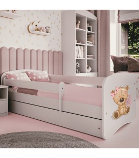 Lit enfant ours en peluche blanc fleurs avec rangement et matelas 80x180cm