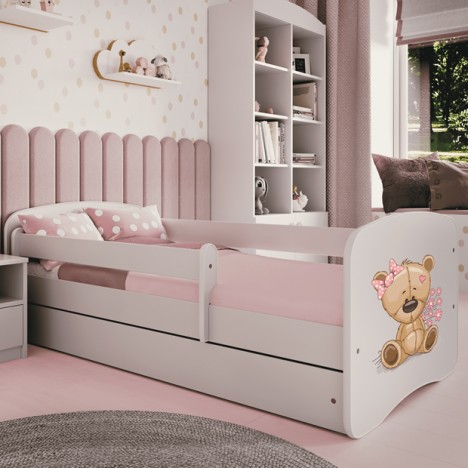 Lit enfant ours en peluche blanc fleurs avec tiroir avec matelas 80x180cm - 
