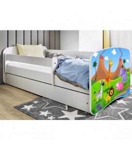 Lit enfant safari savane blanc avec tiroir et matelas 80x180cm