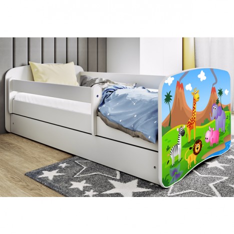 Lit enfant safari savane blanc avec tiroir et matelas 80x180cm - 
