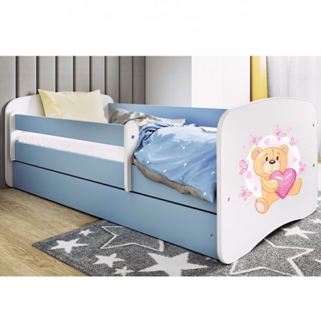 Lit enfant nounours bleu papillons avec tiroir avec matelas 80x180cm - 