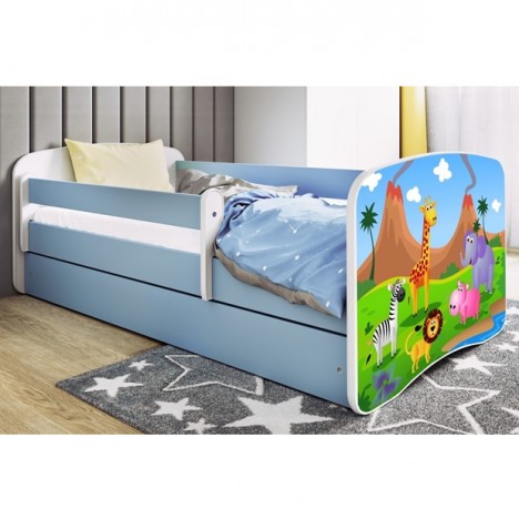 Lit enfant bleu safari savane avec tiroir et matelas 80x180cm - 