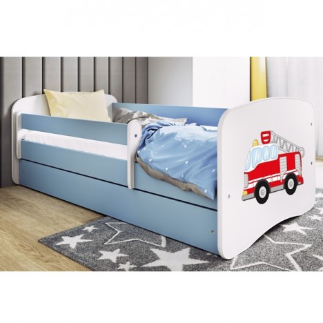 Lit enfant bleu camion pompiers avec tiroir avec matelas 80x180cm - 