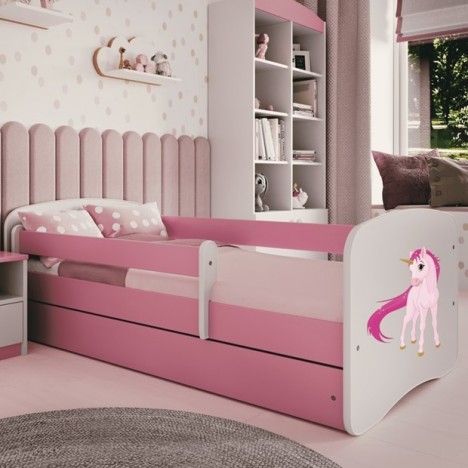 Lit enfant licorne rose avec tiroir avec matelas 80x180cm - 