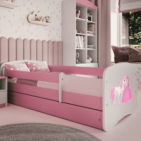 Lit enfant rose princesse cheval avec tiroir avec matelas 80x180cm - 