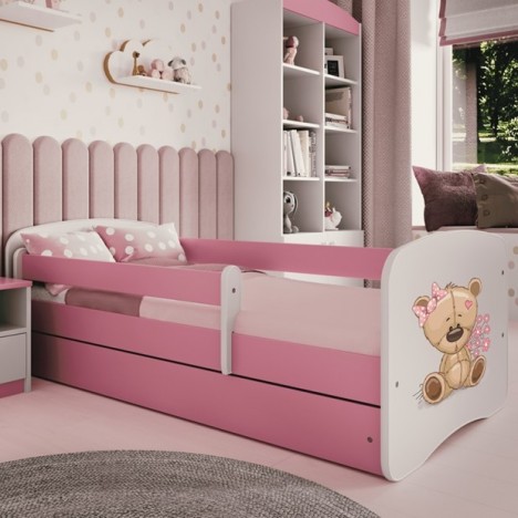 Lit enfant ours en peluche rose fleurs avec tiroir avec matelas 80x180cm - 