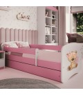 Lit enfant ours en peluche rose fleurs avec tiroir avec matelas 80x180cm - 