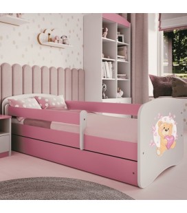 Lit enfant nounours rose papillons avec tiroir et matelas 80x180cm