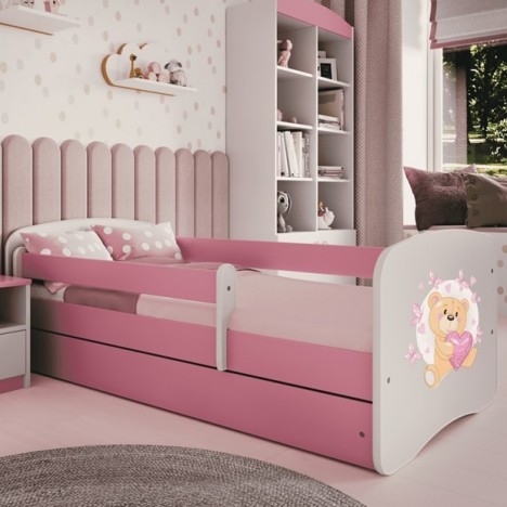 Lit enfant nounours rose papillons avec tiroir avec matelas 80x180cm - 