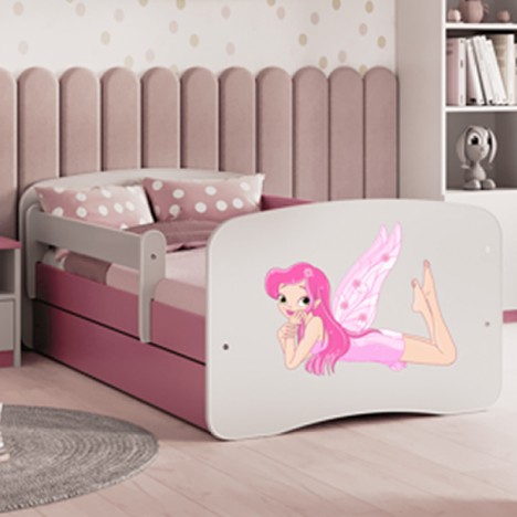 Lit enfant fée rose avec ailes avec tiroir avec matelas 80x180cm - 