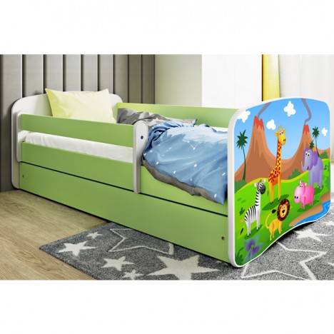 Lit enfant safari savane vert avec tiroir et matelas 80x180cm - 