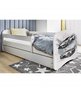 Lit enfant voiture de sport blanc avec tiroir et matelas 80x180cm
