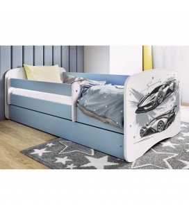 Lit enfant voiture de sport bleu avec tiroir et matelas 80x180cm