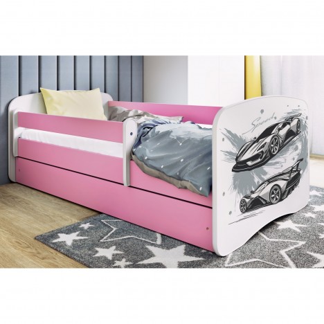 Lit enfant voiture de sport rose avec tiroir et matelas 80x180cm - 