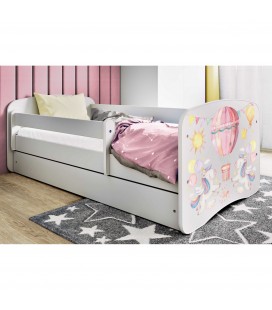 Lit enfant montgolfière et licornes blanc avec tiroir et matelas 80x180cm