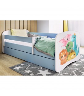 Lit enfant bleu petits dinosaures avec tiroir et matelas 80x180cm