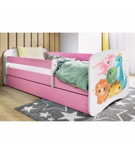 Lit enfant rose petits dinosaures avec tiroir et matelas 80x180cm
