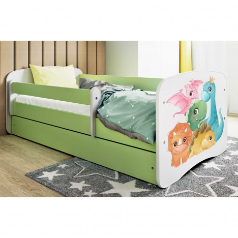 Lit enfant petits dinosaures verts avec tiroir et matelas 80x180cm - 