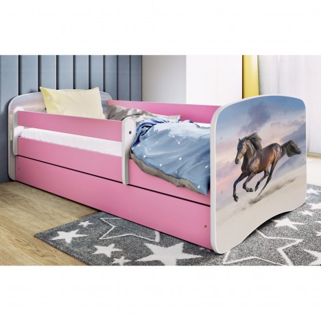 Lit enfant cheval au galop rose avec tiroir avec matelas 80x180cm - 