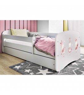 Lit enfant lapins blanc avec papillons avec tiroir et matelas 80x180cm
