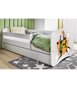 Lit enfant sport basketball blanc avec tiroir et matelas 80x180cm